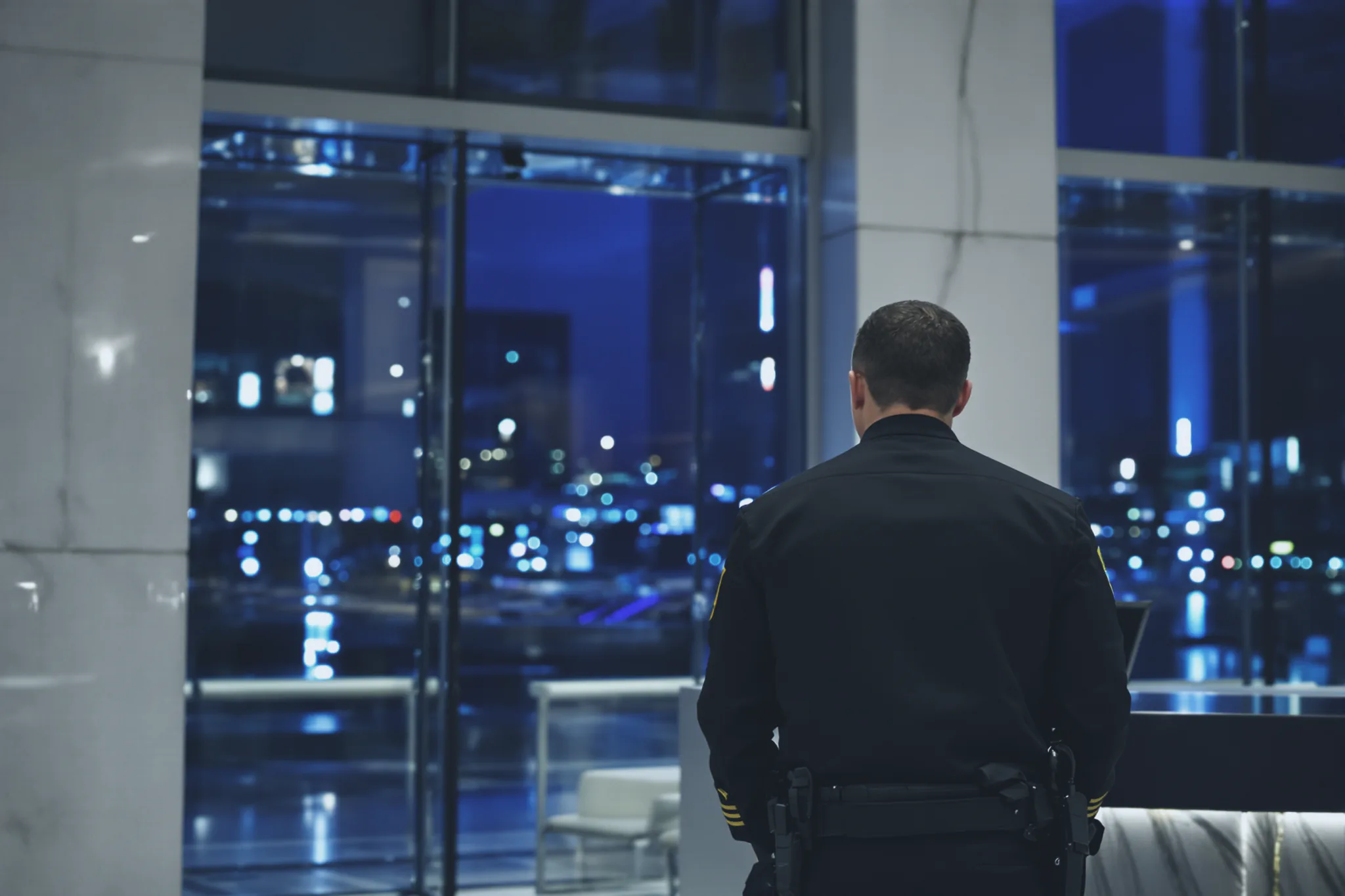 A professional security officer at the front desk of a modern office lobby at night.